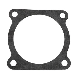 The AGCO | Gasket - V836324493 is a flat, black, circular gasket featuring four evenly spaced holes near the outer edge.