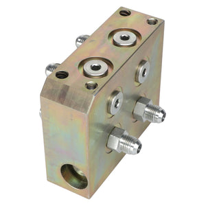 The AGCO RELIEF VALVE - AL60009544 is a metallic hydraulic manifold featuring multiple threaded ports and connection fittings, designed to direct and control fluid flow in hydraulic systems.