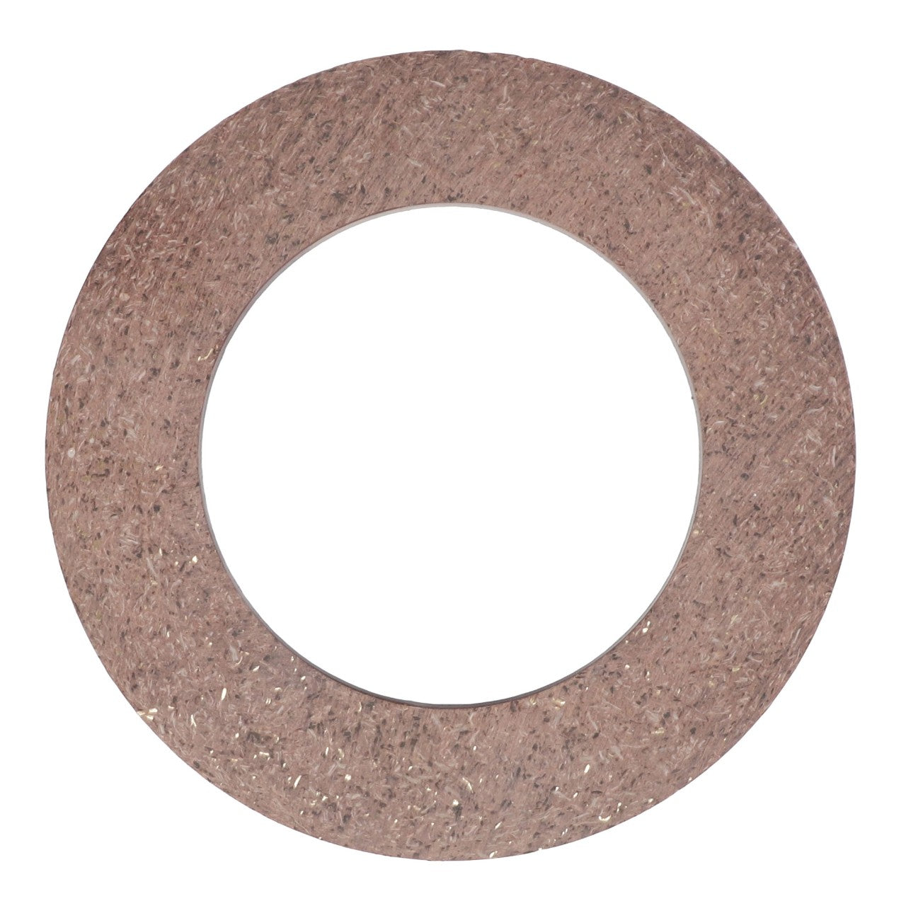 The AGCO PLATE - K3121, a round, textured, brown gasket with a large central hole, is meticulously positioned against a clean, white background.