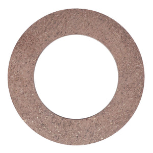 The AGCO PLATE - K3121, a round, textured, brown gasket with a large central hole, is meticulously positioned against a clean, white background.