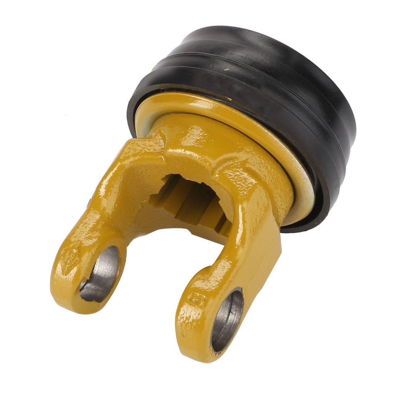 The AGCO | Fixing Fork - Fel103102 is a yellow and black mechanical component featuring a split U-shaped fork end and a cylindrical base. Product description currently unavailable.