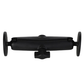 The AGCO | Ram® Universal Double Ball Mount With 2 Round Plates - Acw3487310 is a sleek, black adjustable double socket arm, featuring two circular mounts on the ends and a central tightening knob.