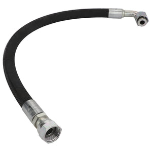 A black flexible rubber hose with metal connectors at both ends, one straight and one L-shaped, identified as the AGCO Hydraulic Hose - Acw3515490, is shown against a white background. No current product description information is available.