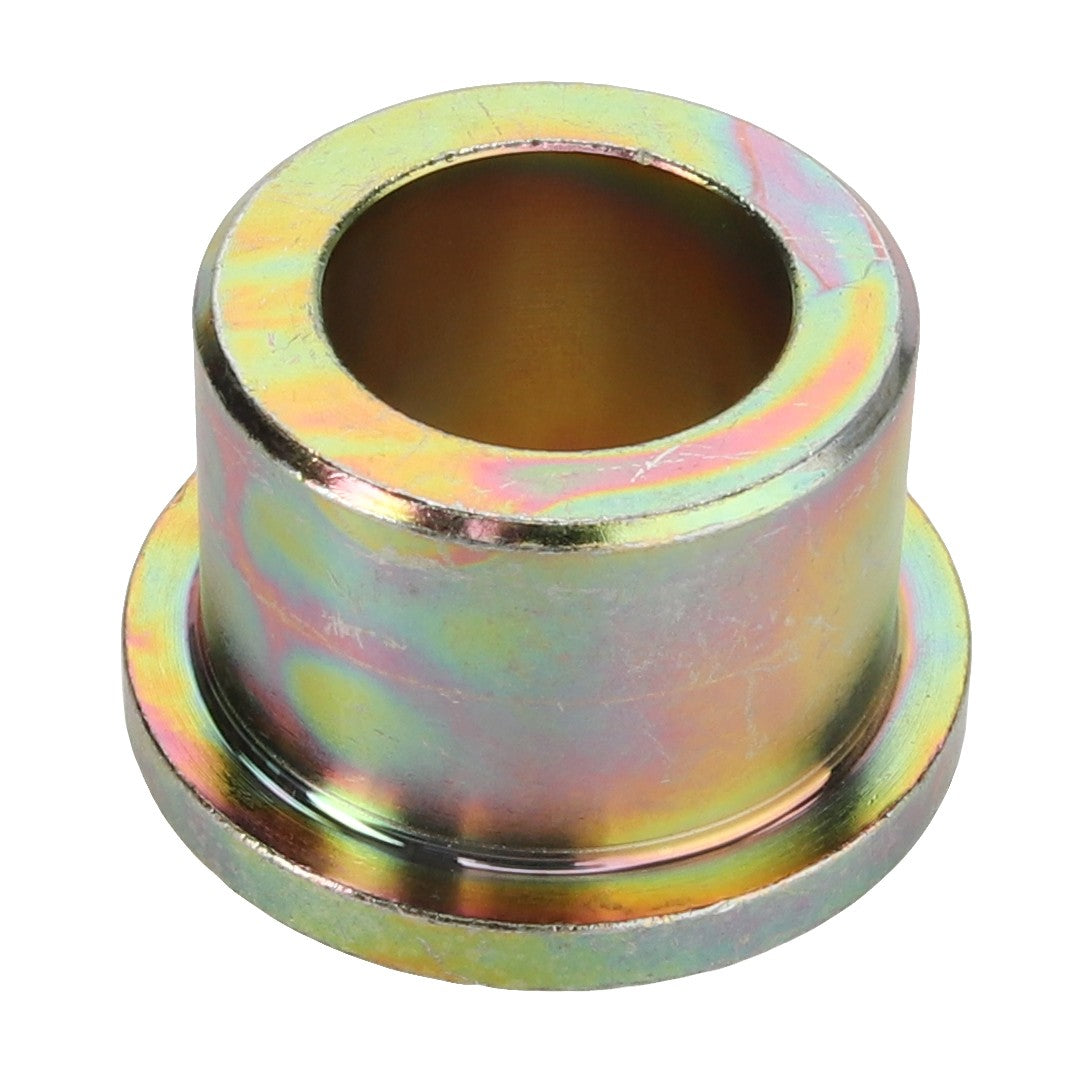 No product description is available for the AGCO metallic cylindrical bushing, with a flange and hollow center, featuring a reflective, slightly multicolored surface (Product Name: AGCO | Bush - Fel150664).