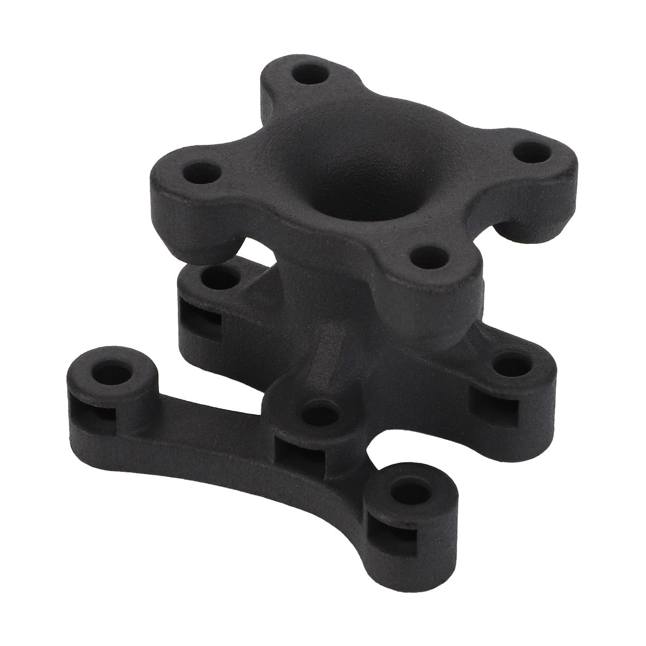 **AGCO | Bracket - Acx2983390, a black, intricately shaped automotive part made of plastic or metal with multiple mounting holes, used in mechanical assemblies.**