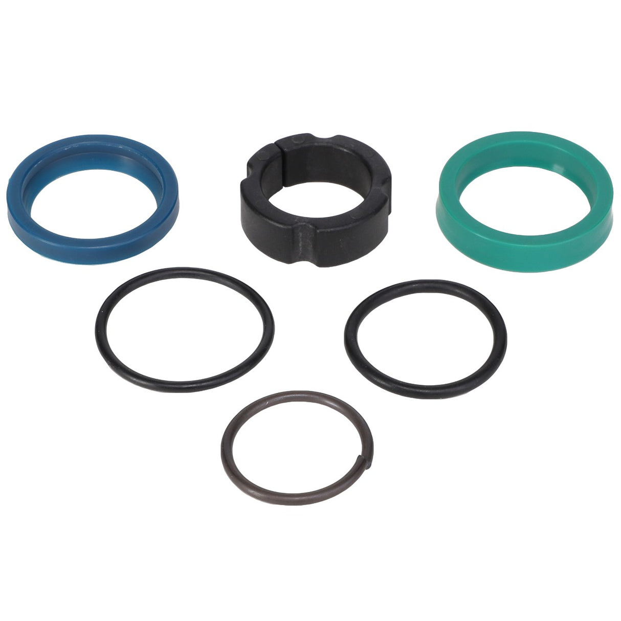 The AGCO Kit, Joint - Fel151657 by AGCO features a unique assortment of six mechanical seals in various shapes and sizes, including rings and grooved circular components. These seals come in blue, black, and green. There is currently no detailed product description available for this kit.