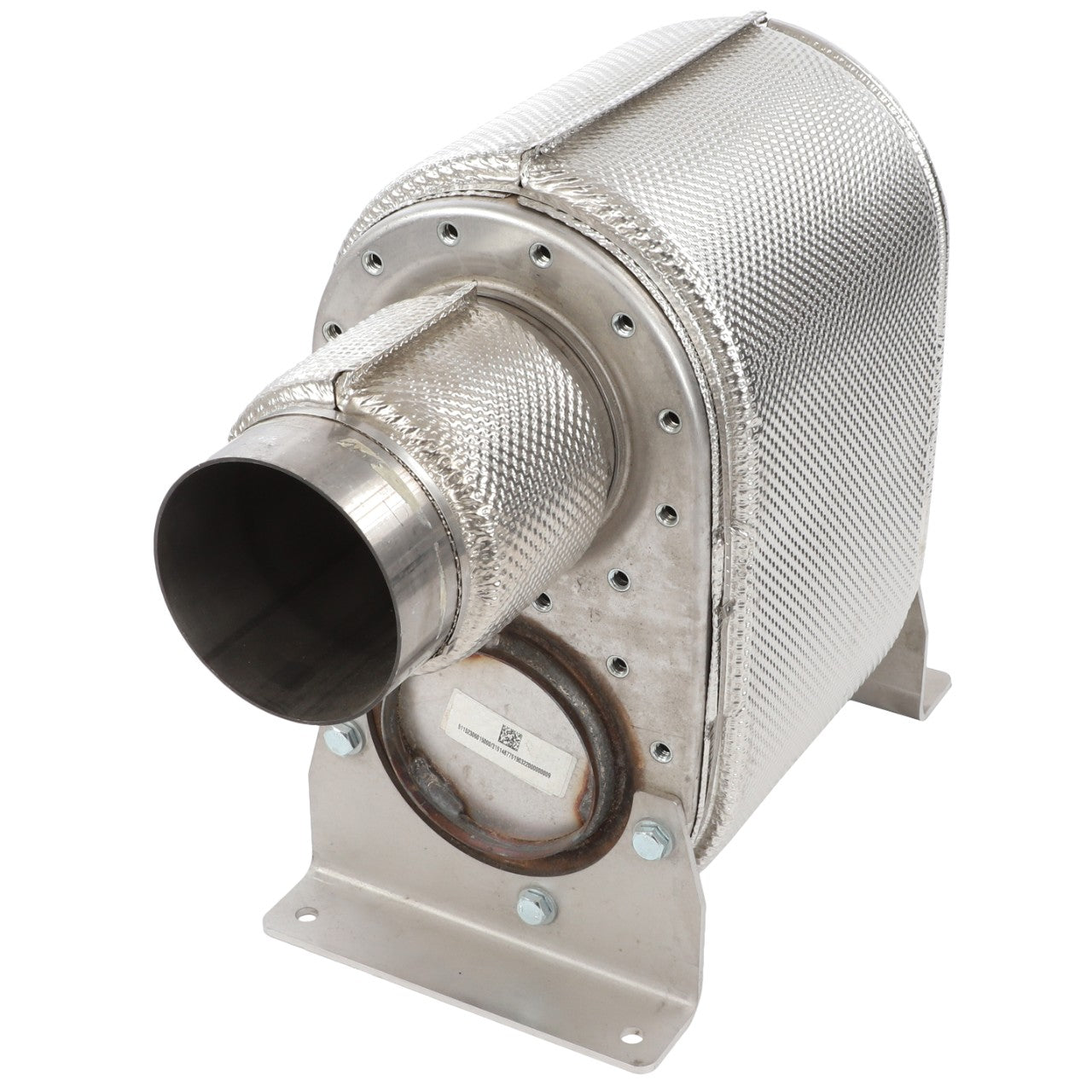 The AGCO | Def Mixer Assembly - Acw196013A is a metallic automotive part featuring a cylindrical exhaust pipe and a heat-resistant covering, securely mounted on a base with bolts. No current product description information available.