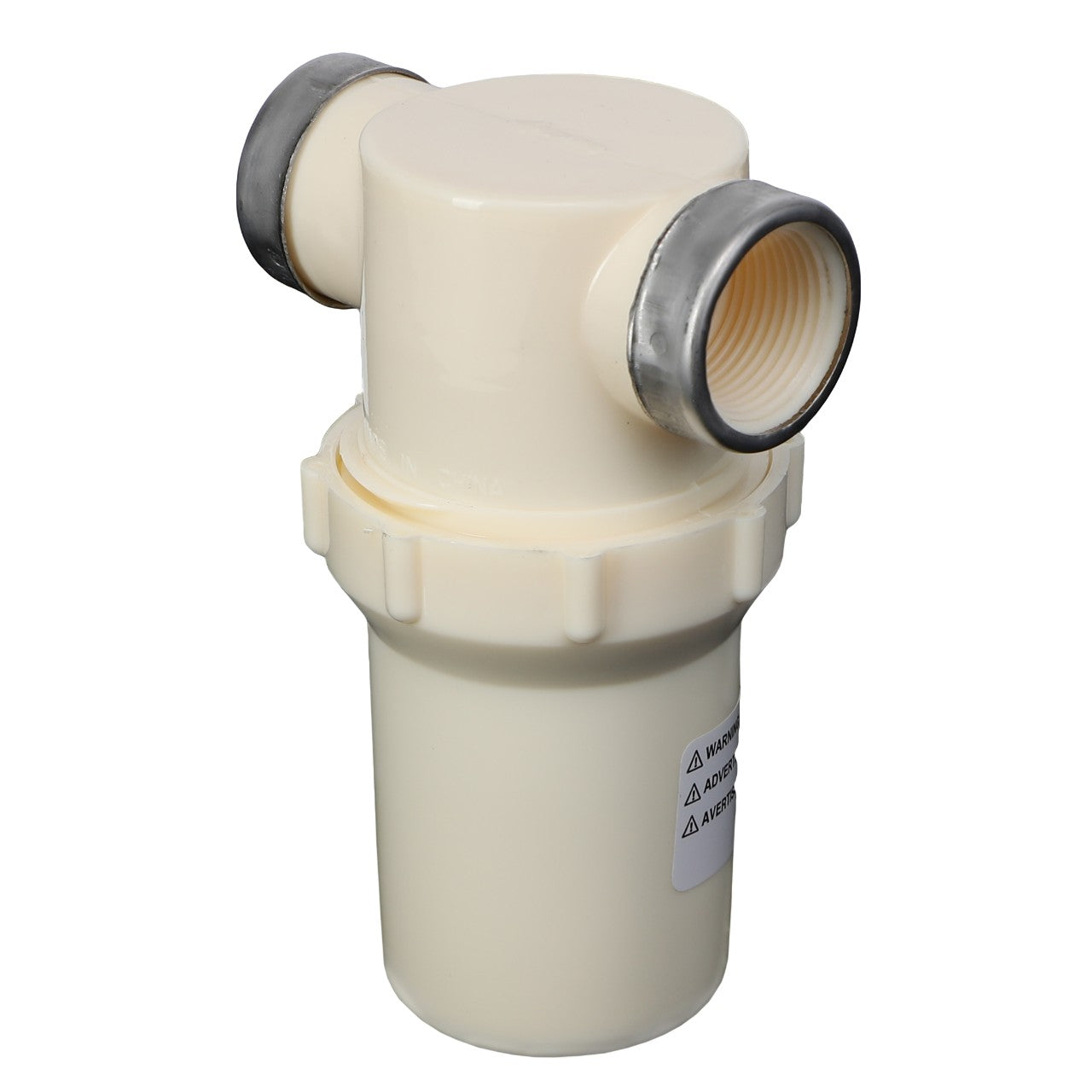 The AGCO INLINE STRAINER - AG513640 is a cylindrical plastic filter housing equipped with 3/4" NPT threads, featuring two side ports and one top port. It includes a threaded connector and silver-colored banded ends, along with two caution labels situated on the lower part.