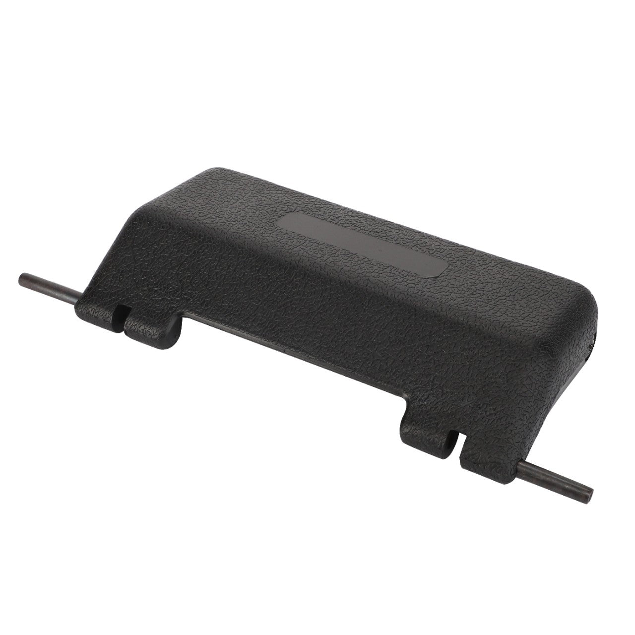 The AGCO | HANDLE - V30636910 by AGCO is a sleek, black rectangular cover featuring two protruding rods on each side, designed to serve as a durable protective casing for an electronic component.