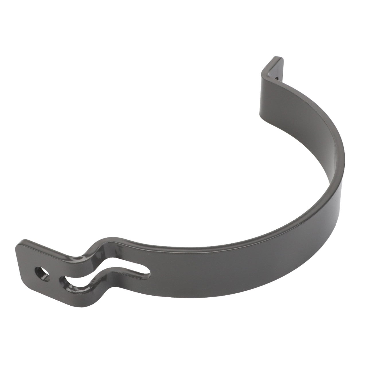 A gray metal bracket with a curved design and a slotted hole at one end, known as the AGCO Holding Strap Ring - Acw1170680. No current product description information is available for this item.