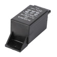 A black electrical relay with white technical specifications and symbols printed on its surface is shown. This relay, identified as AGCO | Relay, Blinker - X830030065000, is a product of the AGCO brand. It features metal prongs at one end and a mounting tab on the other, ensuring operating safety and reliability for Fendt Models.