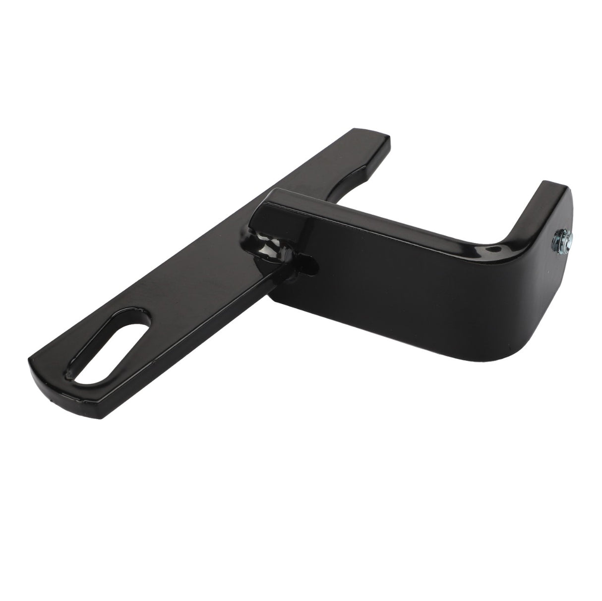 The AGCO | INDICATOR - AL142894 bracket, offered by AGCO, boasts a sleek black metal design with a rectangular base and a curved hook, combining both style and functionality. Current product description information is not available for further details.