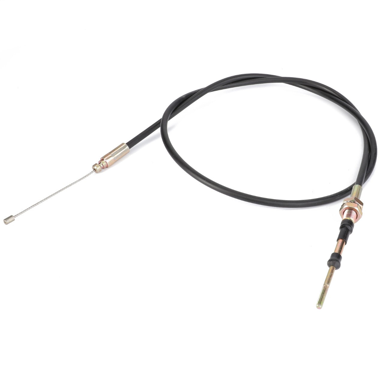 The AGCO | Cable, Throttle - 4296061M1 by AGCO is a black throttle cable featuring metal connectors at both ends, with one end incorporating a threaded adjuster and mounting nut. It is designed for mechanical control systems and is compatible with Valtra Models and Massey Ferguson Models.