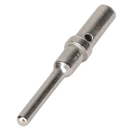 Close-up of the AGCO | Connector Pin - AG523375, a metallic cylindrical pin connector with a smooth finish, featuring a hole near the midsection and a protruding rod-like tip.