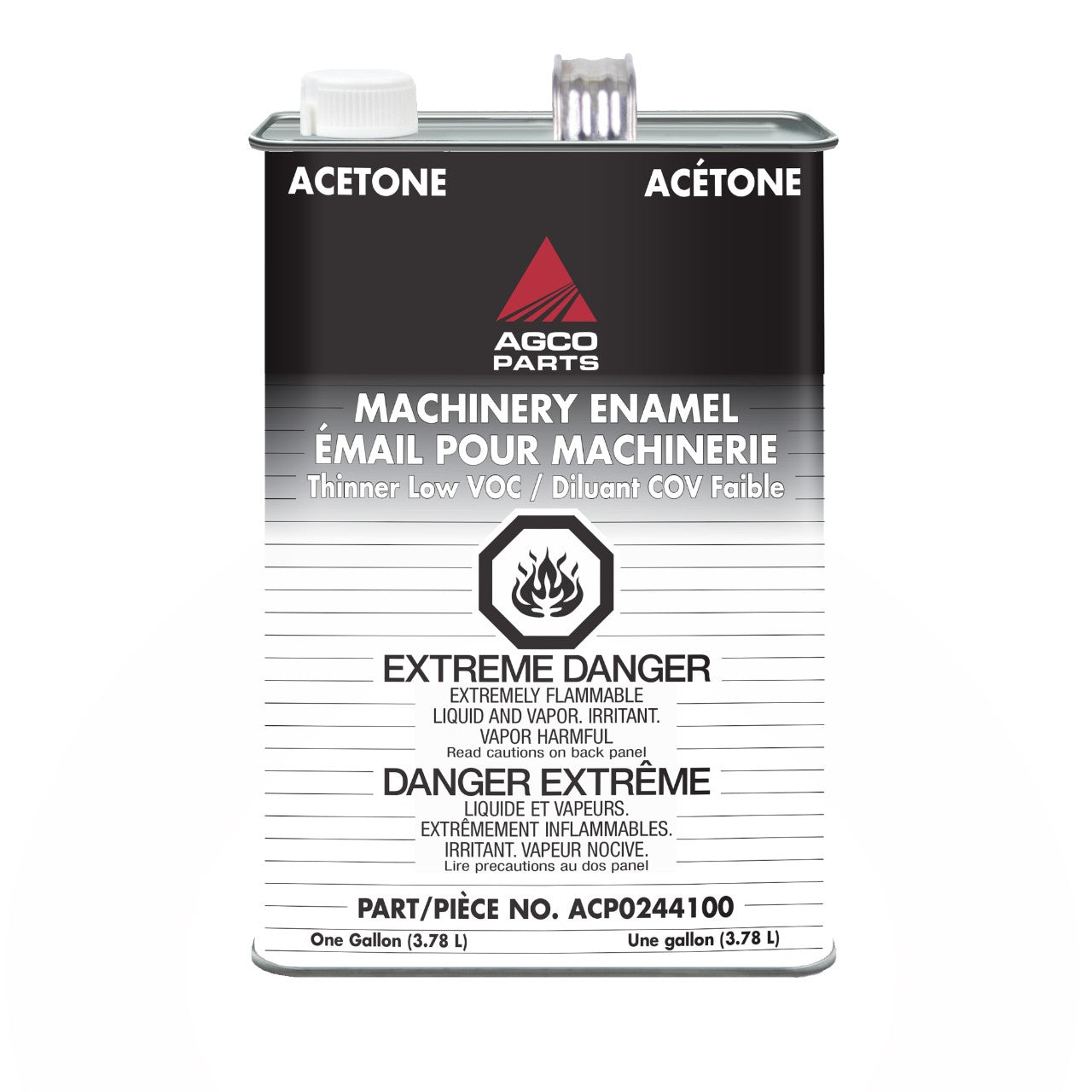 A 1-gallon (3.78 L) metal can of AGCO's Thinner, Low V.O.C., Gallon - Acp0244100, labeled "Extreme Danger," "Highly Flammable," and "Harmful Vapors," with warnings in both English and French. This high-quality thinner is VOC compliant for safer use and serves as a quick drying reducer.