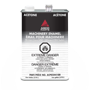 A 1-gallon (3.78 L) metal can of AGCO's Thinner, Low V.O.C., Gallon - Acp0244100, labeled "Extreme Danger," "Highly Flammable," and "Harmful Vapors," with warnings in both English and French. This high-quality thinner is VOC compliant for safer use and serves as a quick drying reducer.