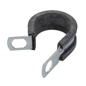 The AGCO | PIPE SUPPORT - V30555800 is a P-clamp made of metal and rubber, featuring two mounting holes on either end. There is currently no additional product description information available.