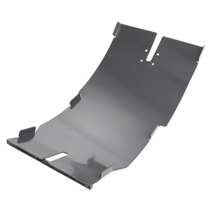 The AGCO | Concave Blank - Acx2892860 is a sleek, dark gray metal skid plate with a curved design, featuring multiple bends, precise cutouts, and strategically placed mounting holes.