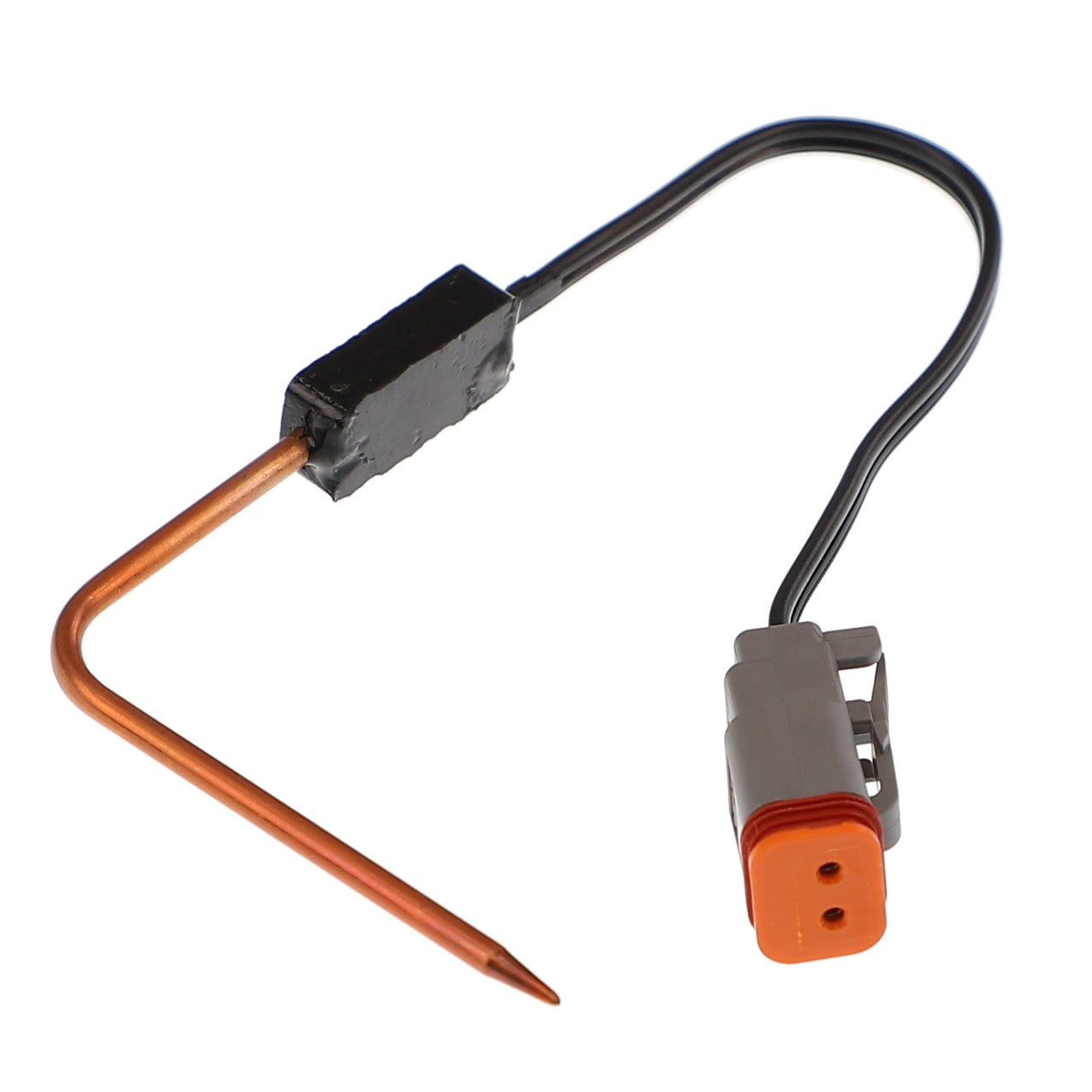 Currently, there is no product description available for the AGCO Gauge - Acw0932900, a metal temperature sensor probe with a right-angle bend connected to a wire and featuring an orange and gray connector plug.