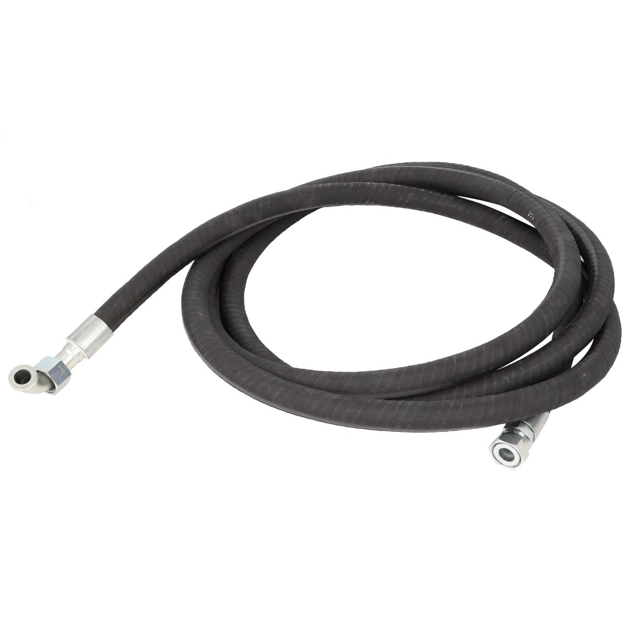 The AGCO | Hose - Acw2399230 is a coiled black rubber hose featuring metal connectors at both ends, but no additional details about its specific features are provided.