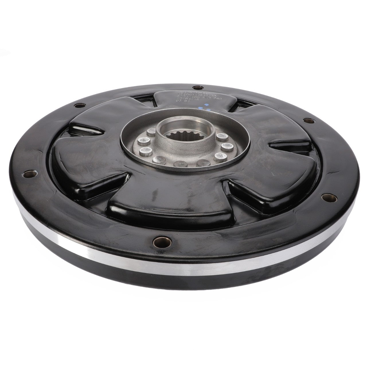 A round, black metallic component with a central gear-like structure and bolt holes around the edges, known as the AGCO HYDRO DAMPER - E931100420080 by the brand AGCO. No current product description information is available to provide further details.