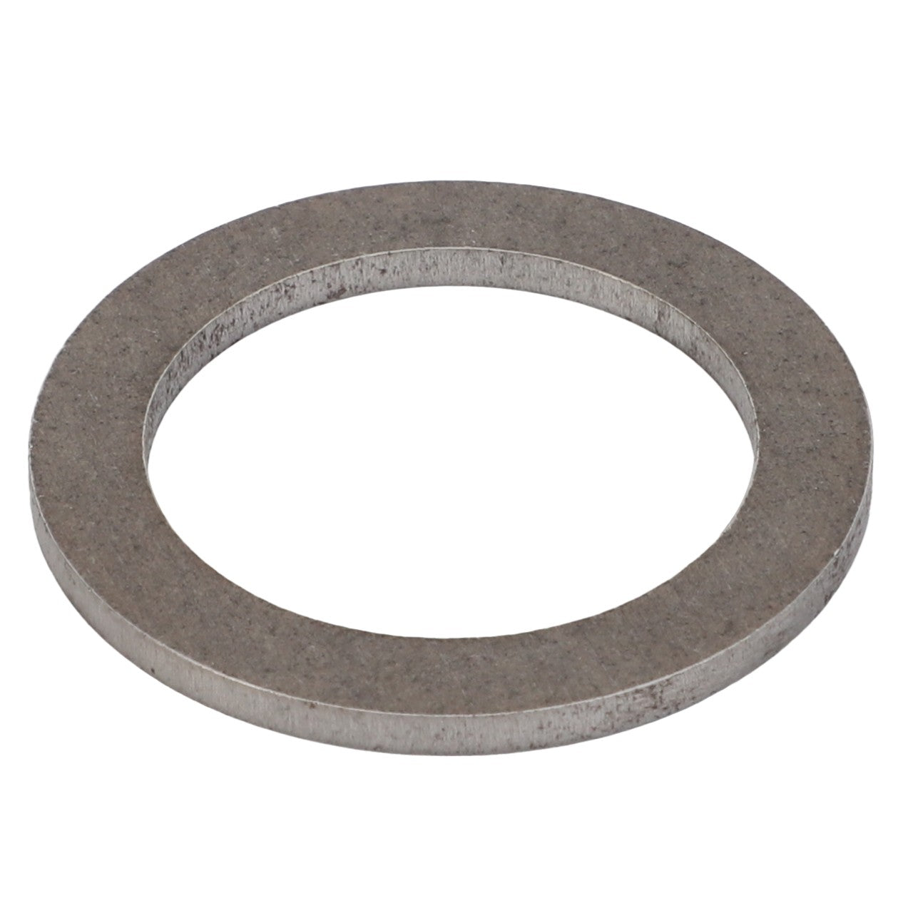 A thin, circular metal washer with a large central hole, viewed from an angle. This is the AGCO Washer - Acp0672560.