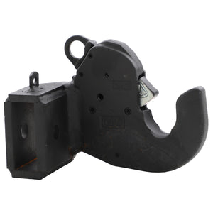 Product Description: The AGCO | Hook - Acp0323450 is a black steel towing hitch component featuring a hook-shaped latch and a small metal loop on top. It shows signs of wear, and there is no current product description available.