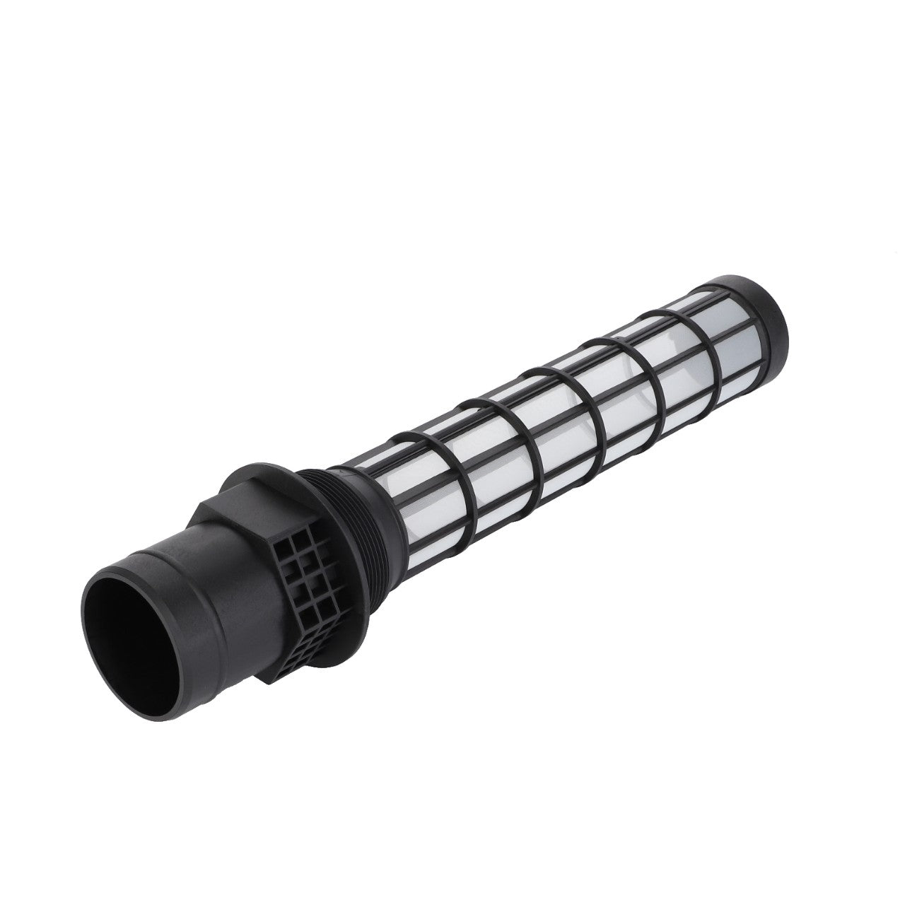 The AGCO Strainer - 4382524M1 is a cylindrical black and white filter with a grid-like structure and an attachment section on one end, suitable for various Massey Ferguson models.