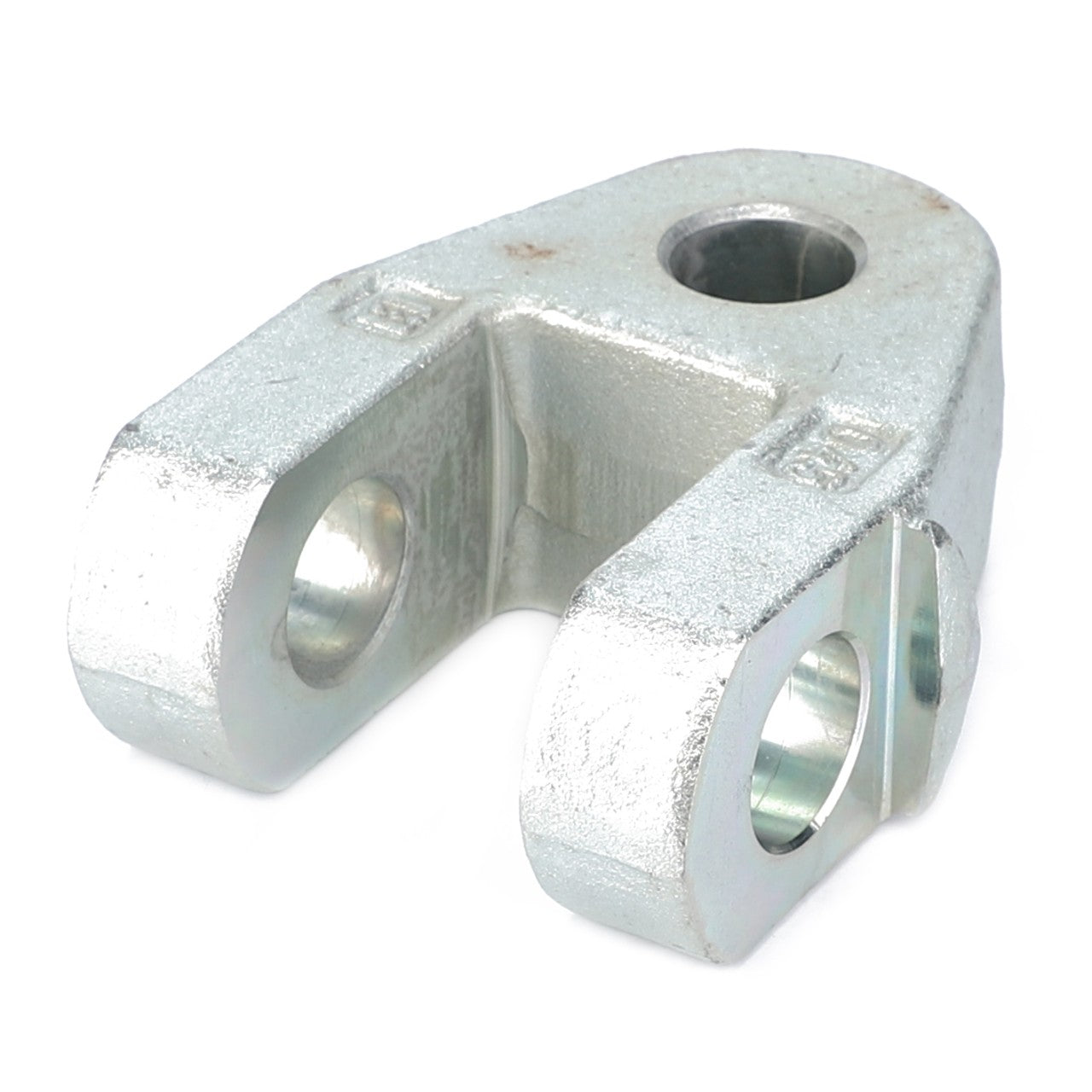 The AGCO Clevis - Acp0346780 by AGCO is a silver metal yoke with two parallel arms, each featuring a circular hole. The top includes a larger circular hole, and the surface shows some wear along with subtle machining marks.