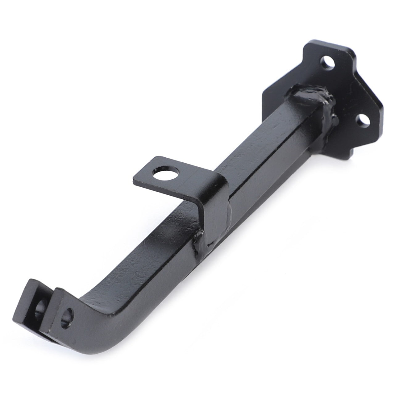 AGCO Support - Acw2369090 is a black metal bracket designed with two mounting holes on the base and an attached perpendicular flange featuring an additional mounting hole.