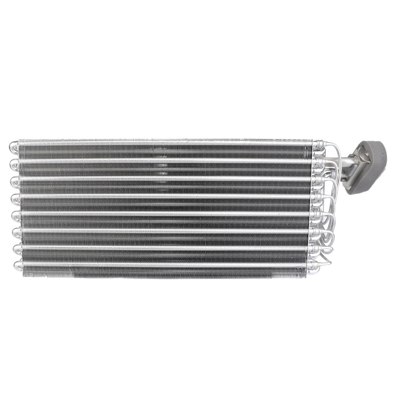 An AGCO Evaporator - F737812145310, featuring multiple horizontal fins and designed for heat exchange in heating and air conditioning systems, is viewed from an angle where the connected pipes and fixtures are visible at the end.