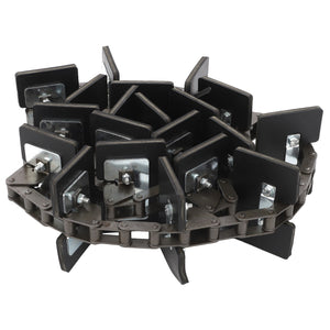 The AGCO Chain, Return Elevator - D28580225 is a black plastic chain with metal fixtures, evenly spaced and arranged in a circular shape, designed to meet technical specifications for optimal performance in conveyor or machinery applications.