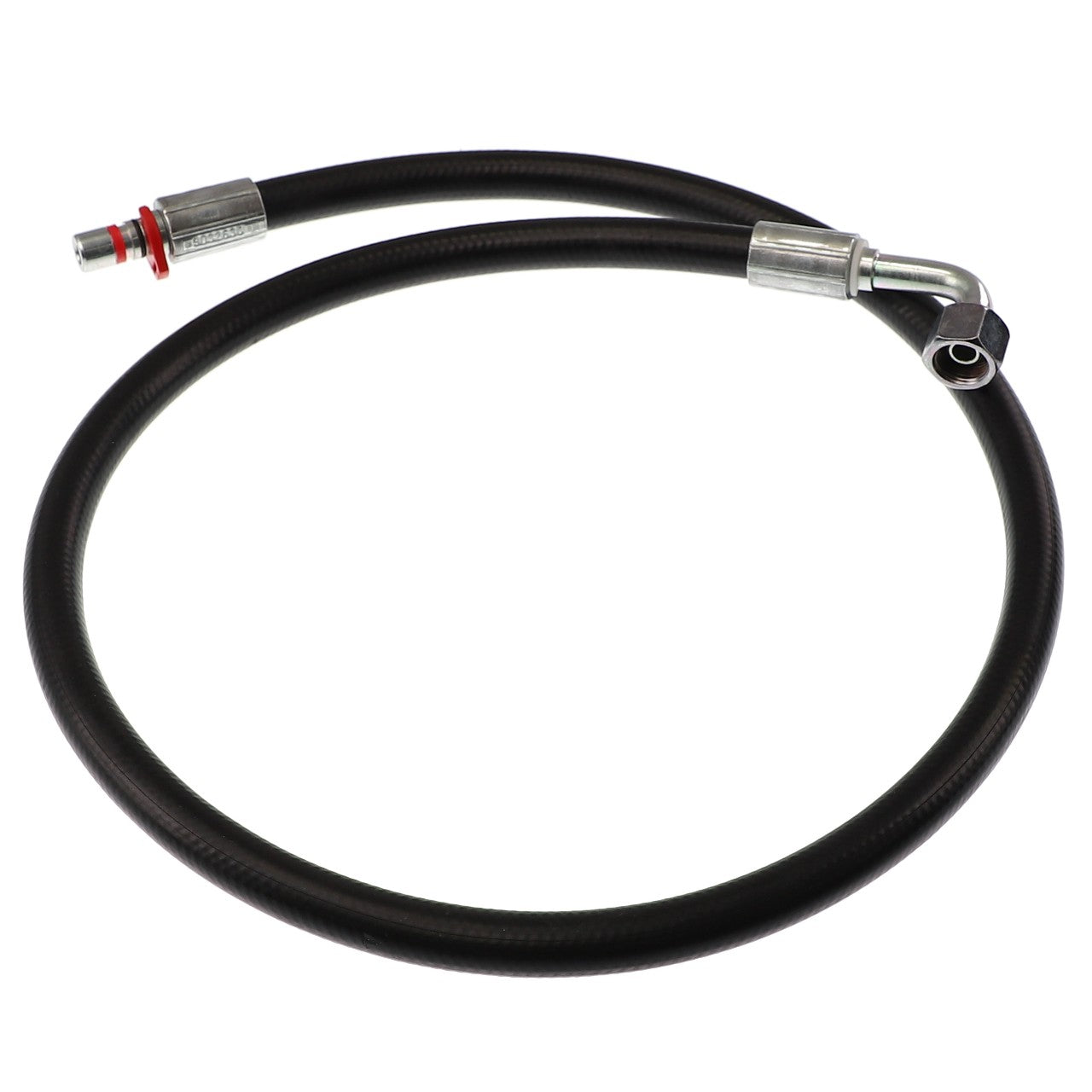 The AGCO HOSE - AL9032630 is a coiled black hose featuring one straight metal fitting and one bent at a right angle. Currently, there is no additional product description information available.