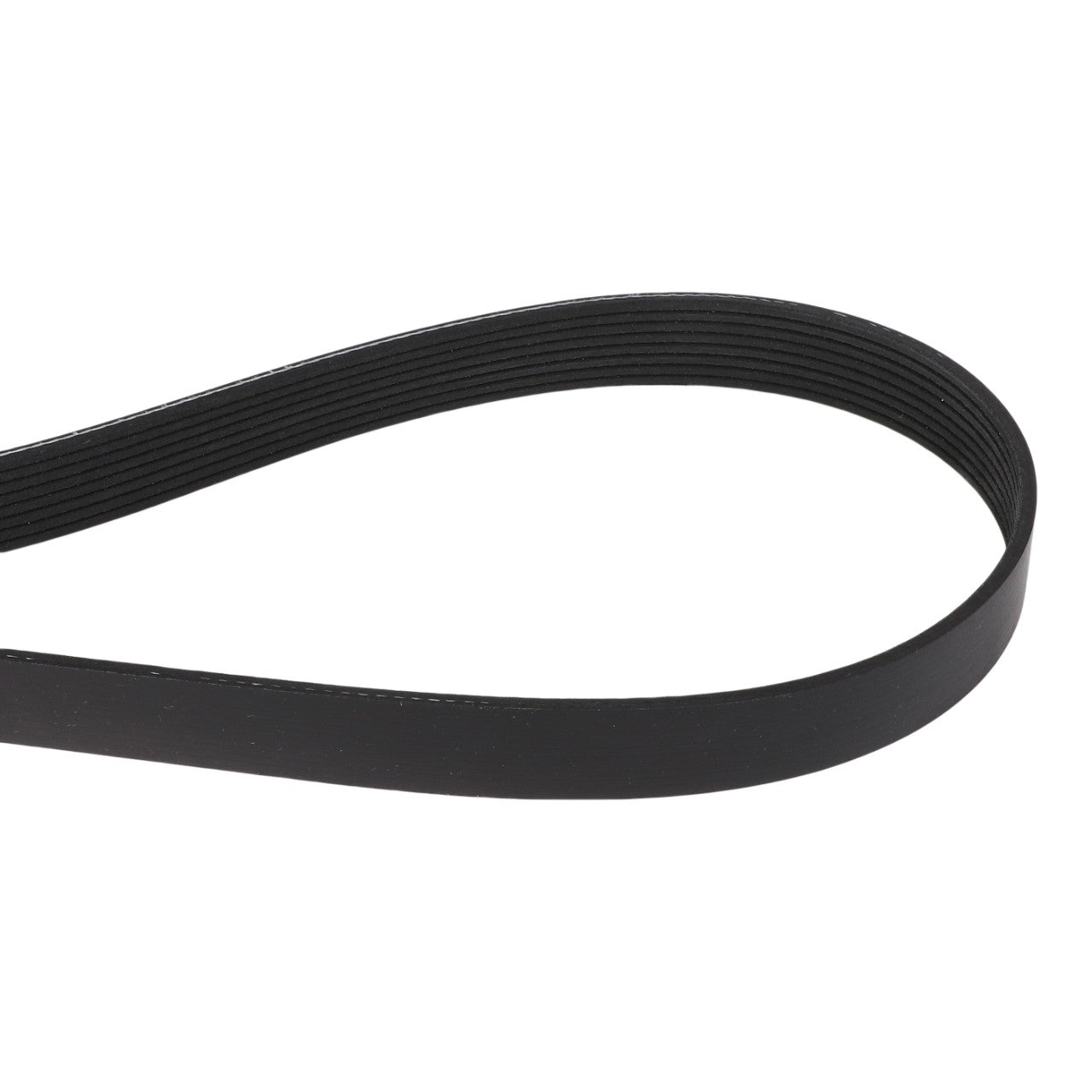 Introducing the AGCO | Belt - Acw1752900 by AGCO: An elongated black rubber belt featuring a grooved interior surface, skillfully looped to highlight its flexible nature and versatile design.