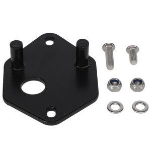 An AGCO ADAPTER PLATE - AG058777, which is a black metal mounting bracket featuring three holes, comes with two screws, two washers, and two nuts. Further product description information is currently unavailable.