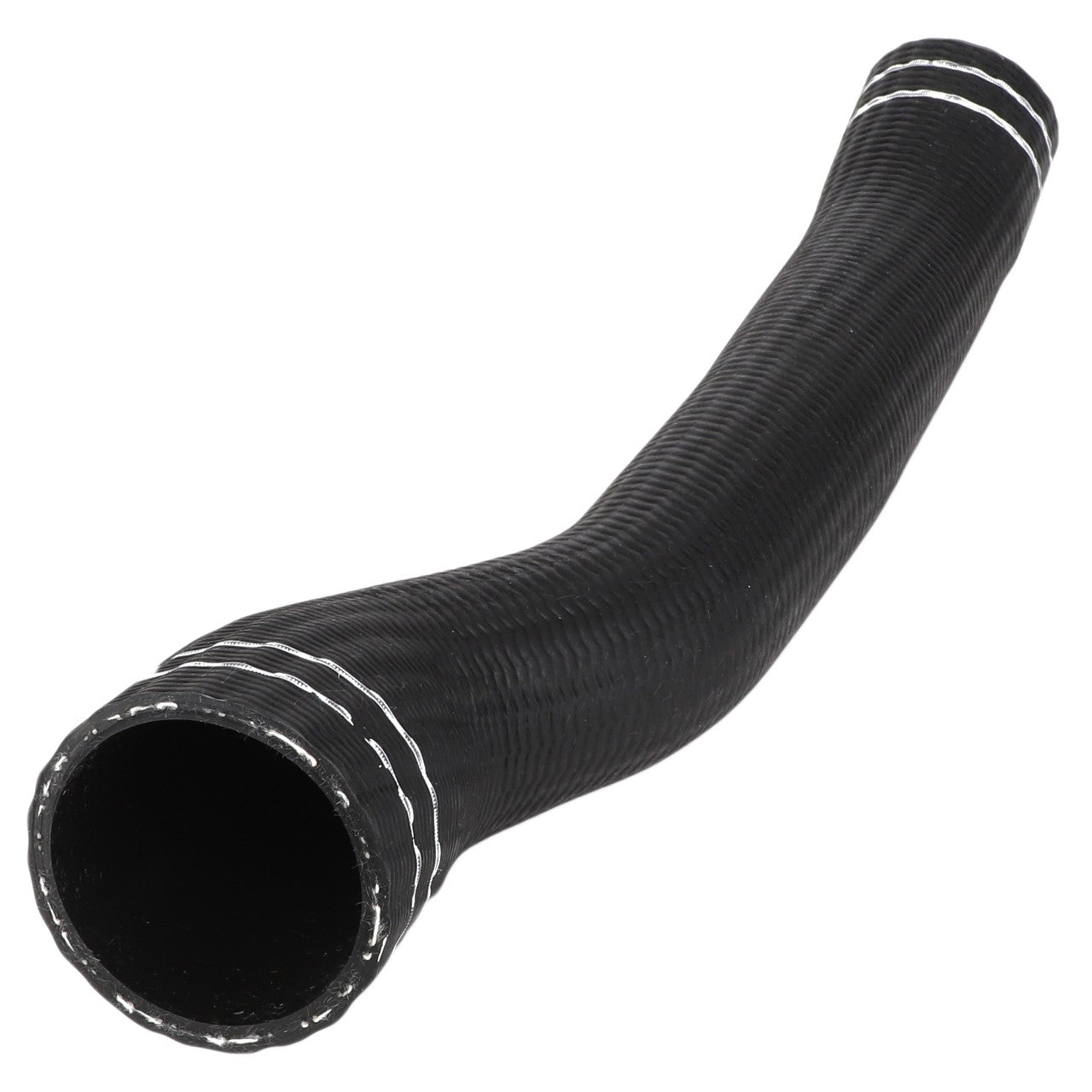 The AGCO | Hose, For Air - 737200192012 is a black, curved rubber hose featuring white reinforcement lines along its edges, specifically designed for fluid transfer in machinery. This hose is made from reinforced silicone material and is compatible with AGCO Cooling Hoses as well as Fendt Vario SCR models.