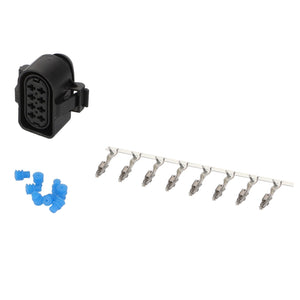 The AGCO | Disconnection Point - F339900950050 electrical connector kit includes a black multi-pin plug, several blue plastic caps, and a precisely designed strip of metal terminal pins.