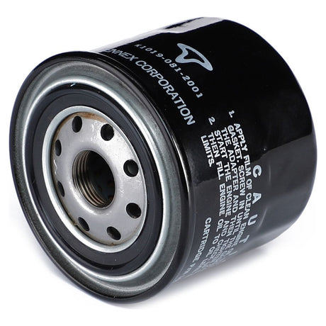 The Hydraulic Filter Spin On - 3608199M91, a genuine AGCO part, is a black cylindrical oil filter with detailed installation and operation instructions printed in white text. The filter features multiple holes on the metal faceplate to ensure a clean oil flow.