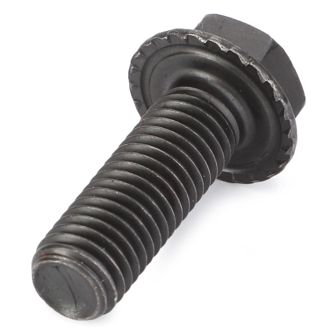 A close-up image of the AGCO Hexagon Flange Bolt - 3009221X1, featuring a black finish with a partially threaded shank, set against a white background. No current product description available.