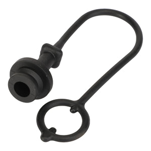 The AGCO | CAP - AL5034111 by AGCO is a durable black rubber dust cover cap with an attached retaining loop for secure fit and easy handling.