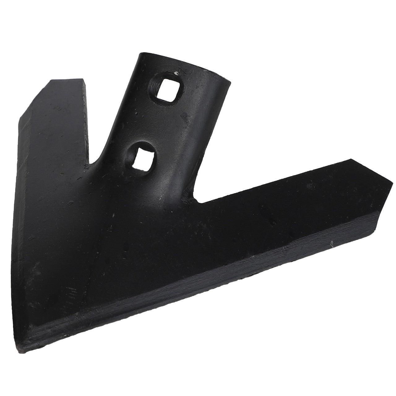 The AGCO Straight Wing Sweep - Sn19350 is a black metal agricultural plow blade attachment, featuring two square mounting holes.