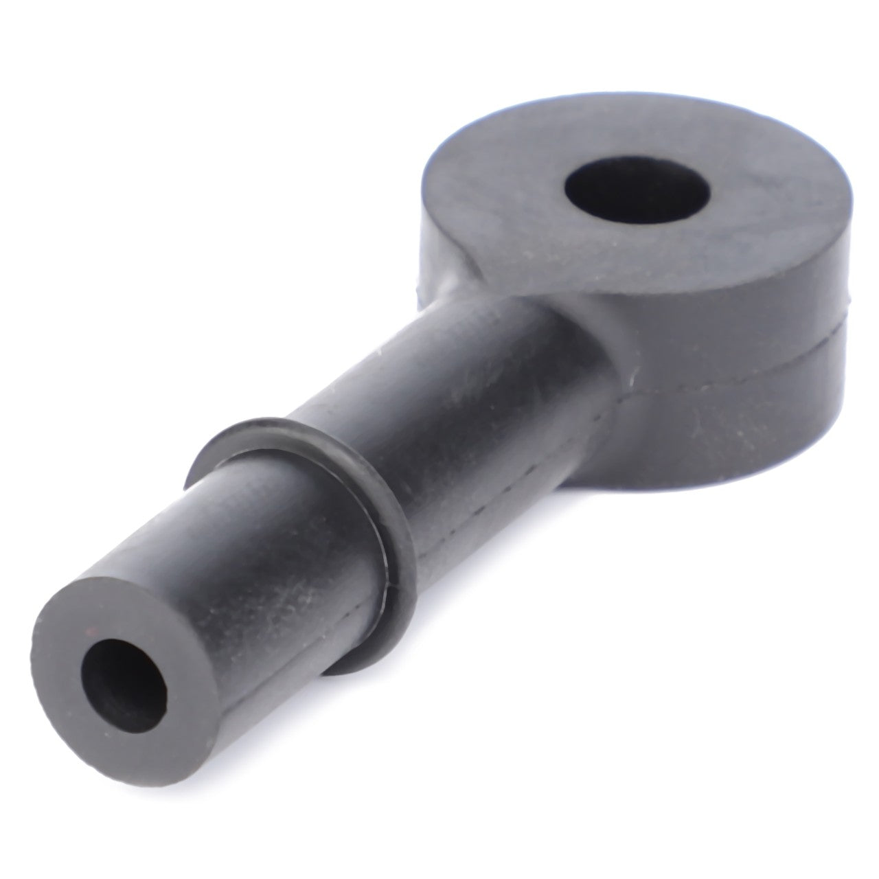 A sleek black cylindrical plastic object with a ring encircling its middle and a hole running through its length, resembling the AGCO | CONNECTING LINK - AG522813 by AGCO, which looks like a pipe fitting or connector.