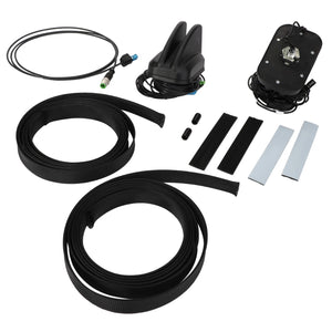 Components of the AGCO | Telemetry Kit - Acp0679170, including cables, a roof mount base, adhesive strips, and protective sleeves, meticulously arranged on a white background.