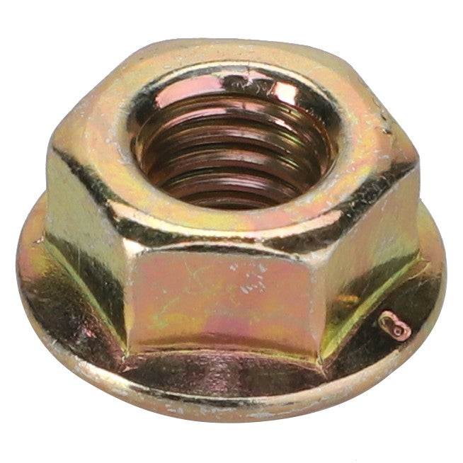 Close-up of the AGCO Nut - Va022086, a metallic hex nut with an integrated washer, expertly crafted for fastening applications. No product description available.