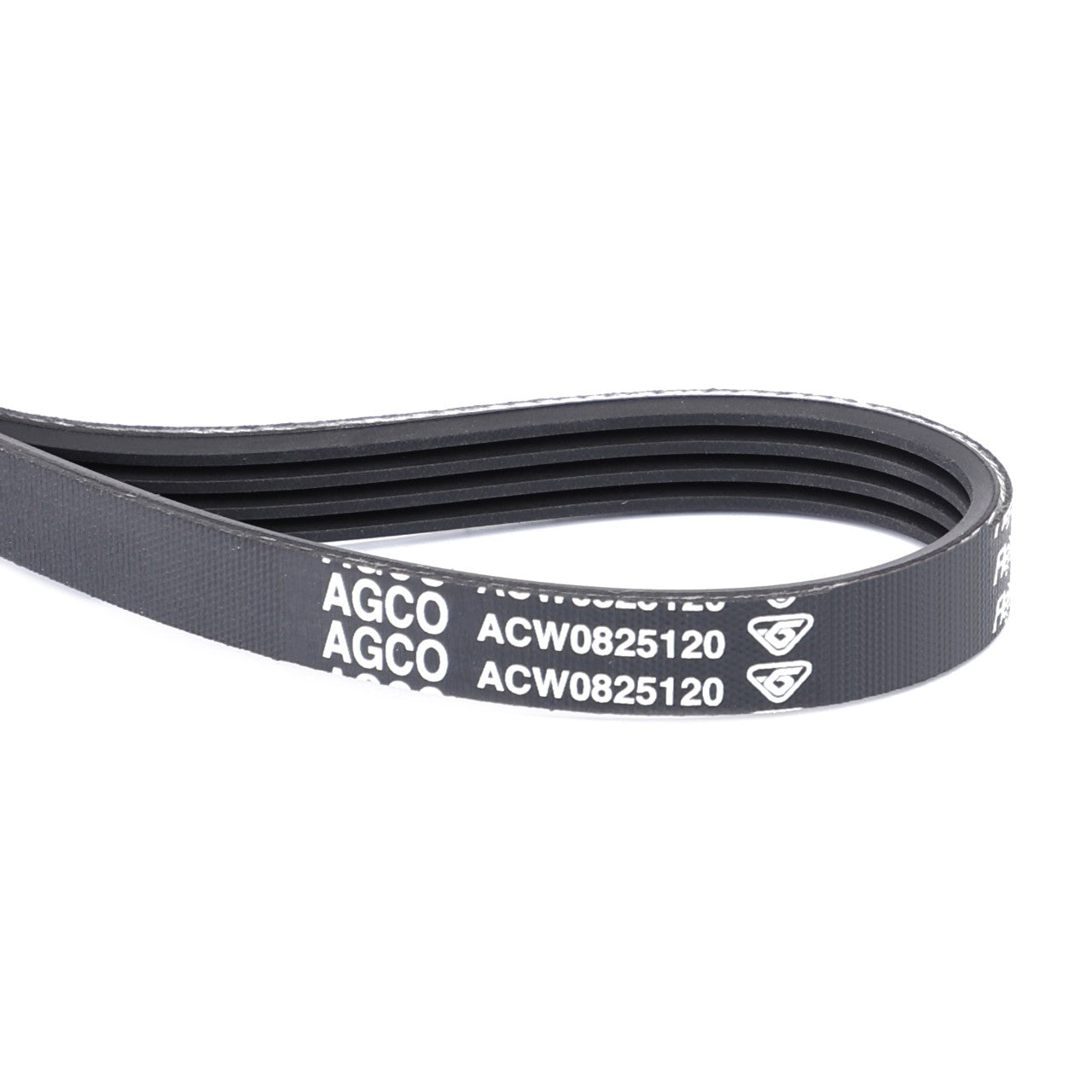 Close-up of a black AGCO Serpentine Belt, Pk4 Profile, with the code "Acw0825120" printed on it. The belt, coiled in a loop, features grooves for fitting purposes and is designed specifically for Massey Ferguson Models.