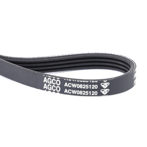 Close-up of a black AGCO Serpentine Belt, Pk4 Profile, with the code "Acw0825120" printed on it. The belt, coiled in a loop, features grooves for fitting purposes and is designed specifically for Massey Ferguson Models.