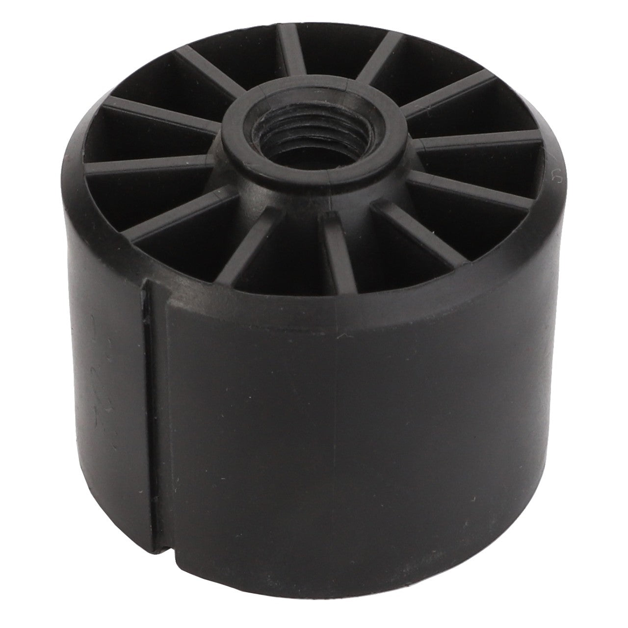 A black plastic spool with radiating spokes and a central threaded hole; no current product description information is available for the AGCO BEARING - AG709340 by AGCO.