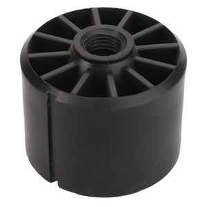 A black plastic spool with radiating spokes and a central threaded hole; no current product description information is available for the AGCO BEARING - AG709340 by AGCO.