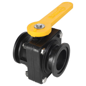 The AGCO | VALVE - AG426518, a black plastic butterfly valve with a yellow handle and a series of bolts securing its structure, is perfect for use with manifold flange connections.