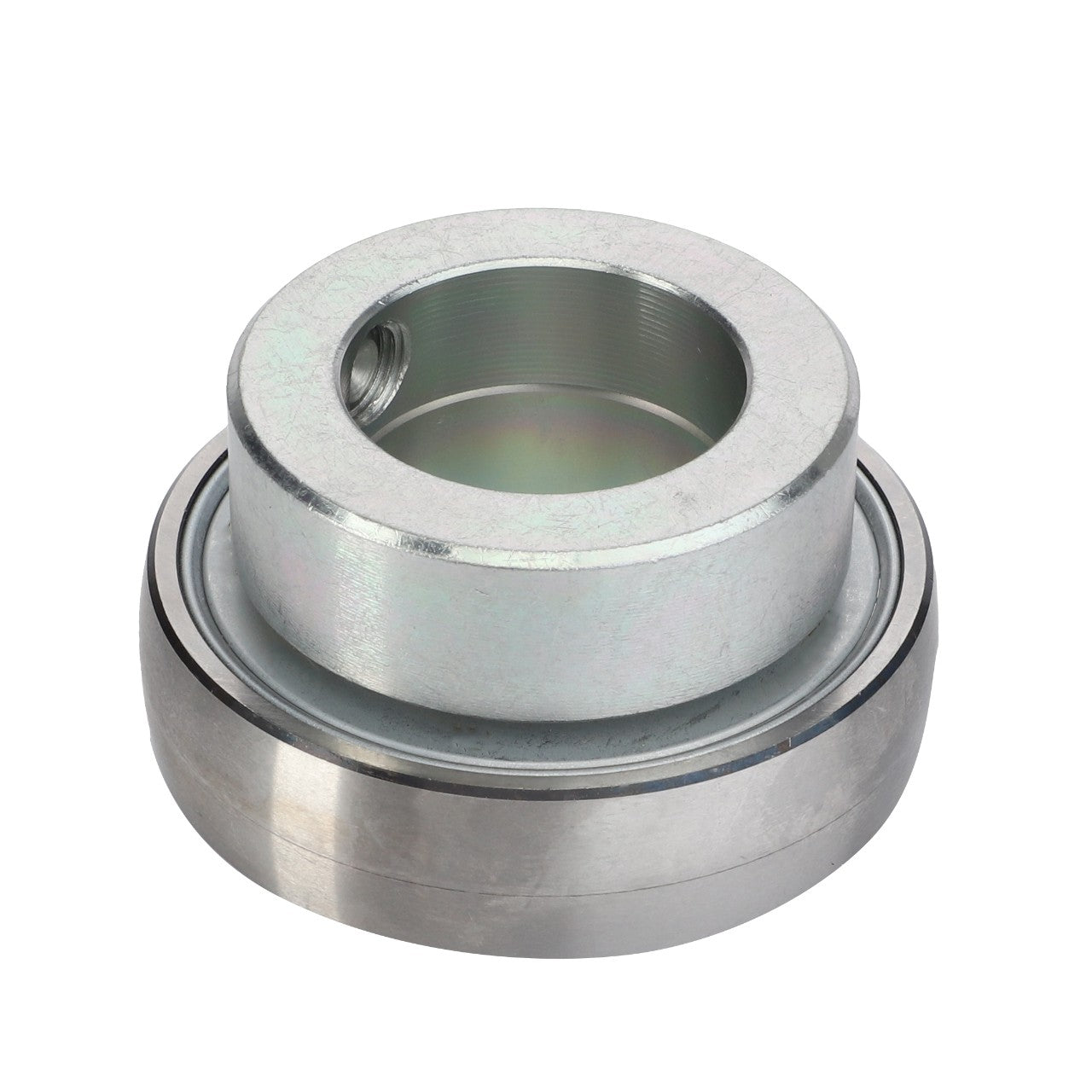 The AGCO Bearing Assembly - La340411206, a metallic bearing with an inner cylindrical part and an outer ring featuring a smooth, reflective surface, efficiently complements Massey Ferguson models.